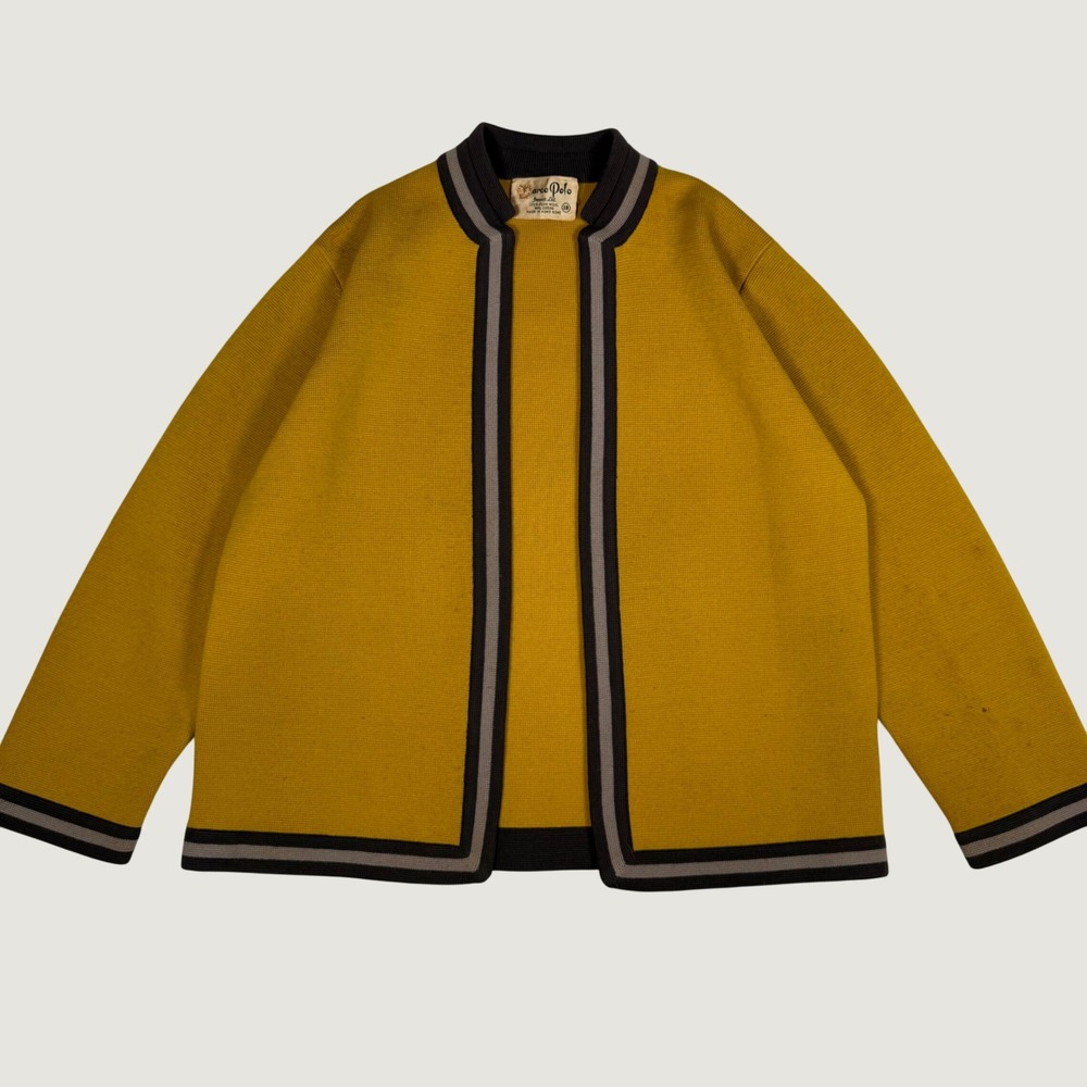 Vintage Marco Polo Mustard Yellow 100% Pure Wool Open Front Cardigan Size 18